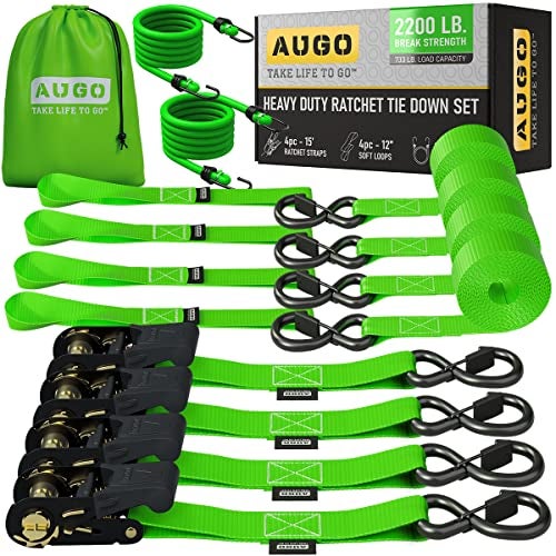 AUGO Ratchet Straps Heavy Duty 4 Pack -15 FT - 2200 LB Break Strength – with Safety Lock S Hooks - Cargo Straps for Moving, Appliances, Motorcycle – Soft Loop Tie Down Straps - Image 1