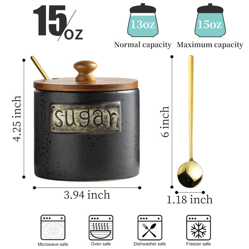LYEOBOH Black Sugar Bowl with Lid and Spoon, 15 Oz Farmhouse Sugar Container Holder for Coffee Bar Accessories, Food Storage Containers - Modern Kitchen Decor Housewarming Gift - Image 2