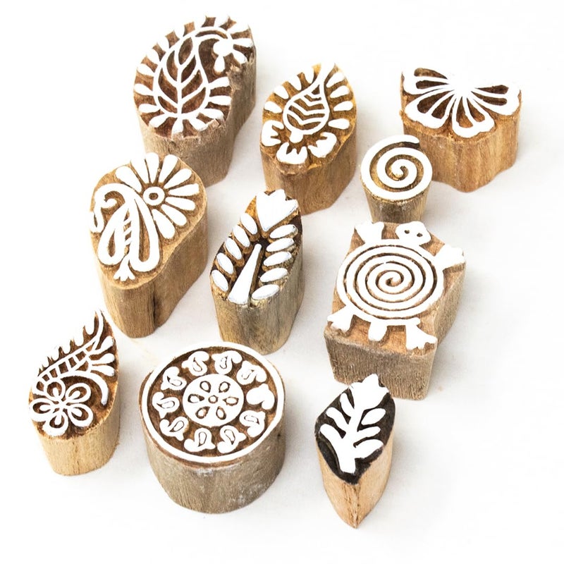 Hashcart Wooden Stamp Block, Printing Stamp Design Set | Block for Printing Saree Border | Dresses, Craft Card Making, Scrapbook, Clay Pottery | Set of 10 - Image 1