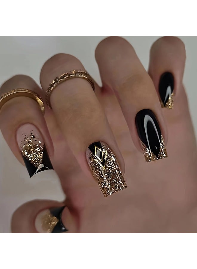 Generic 24pcs Short Square Shape Press On Nails, Fake Nail With Golden Glitter Powder Decor, Golden Black Fake Nails, Glossy Acrylic Full Cover Nails For Women And Girls  - Image 1