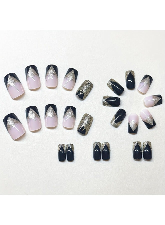 Generic 24pcs Short Square Shape Press On Nails, Fake Nail With Golden Glitter Powder Decor, Golden Black Fake Nails, Glossy Acrylic Full Cover Nails For Women And Girls  - Image 2