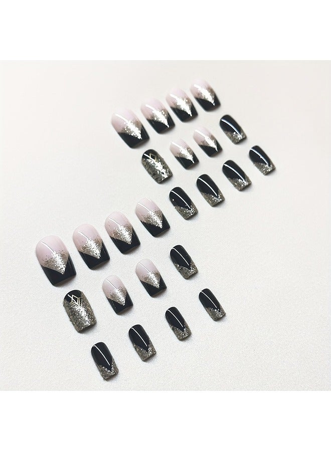 Generic 24pcs Short Square Shape Press On Nails, Fake Nail With Golden Glitter Powder Decor, Golden Black Fake Nails, Glossy Acrylic Full Cover Nails For Women And Girls  - Image 3