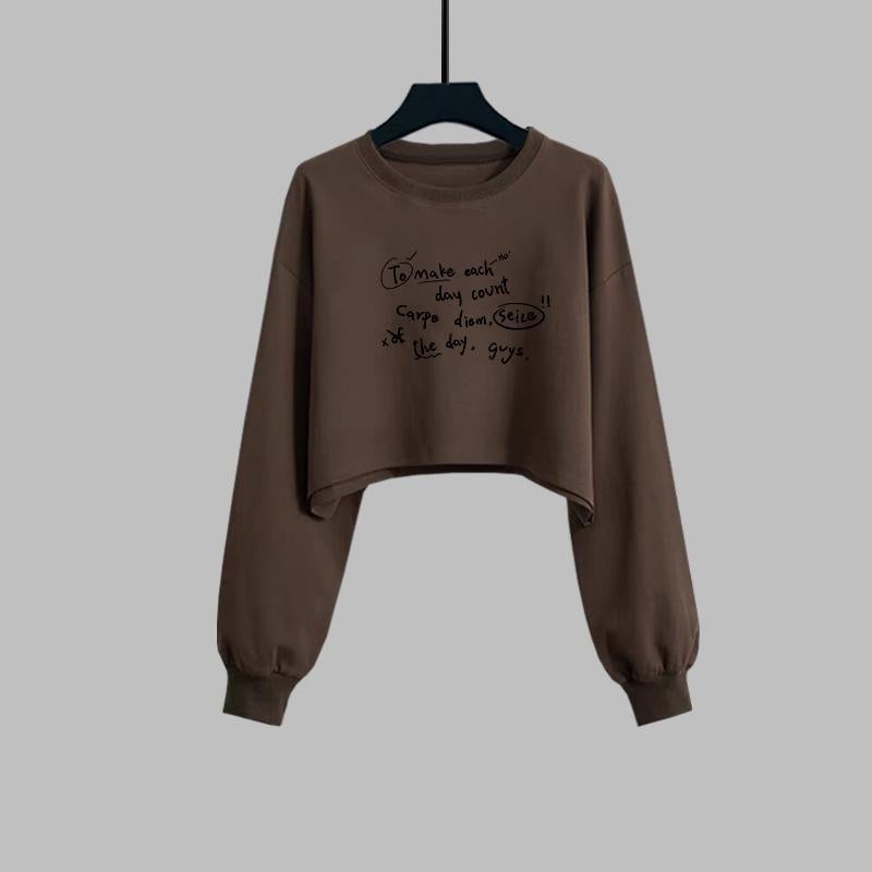 Spring New Fashion Short Loose Round Neck Sweatshirt Womens Niche Design Long-Sleeved High-Waisted Thin Top Trendy Style 323-coffee color