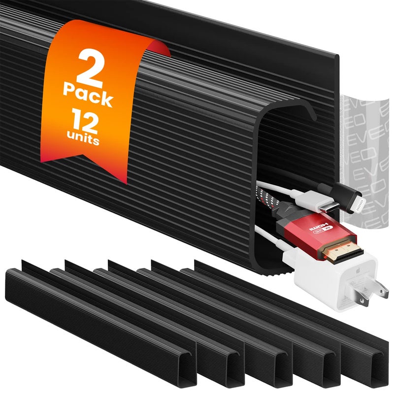 EVEO Cable Management Under Desk Kit 12 Units Under Desk Cable Management Cord Hider Cable Hider Cord Management Cable Organizer Cord Organizer Tray 192 J Channel 12X16 Black