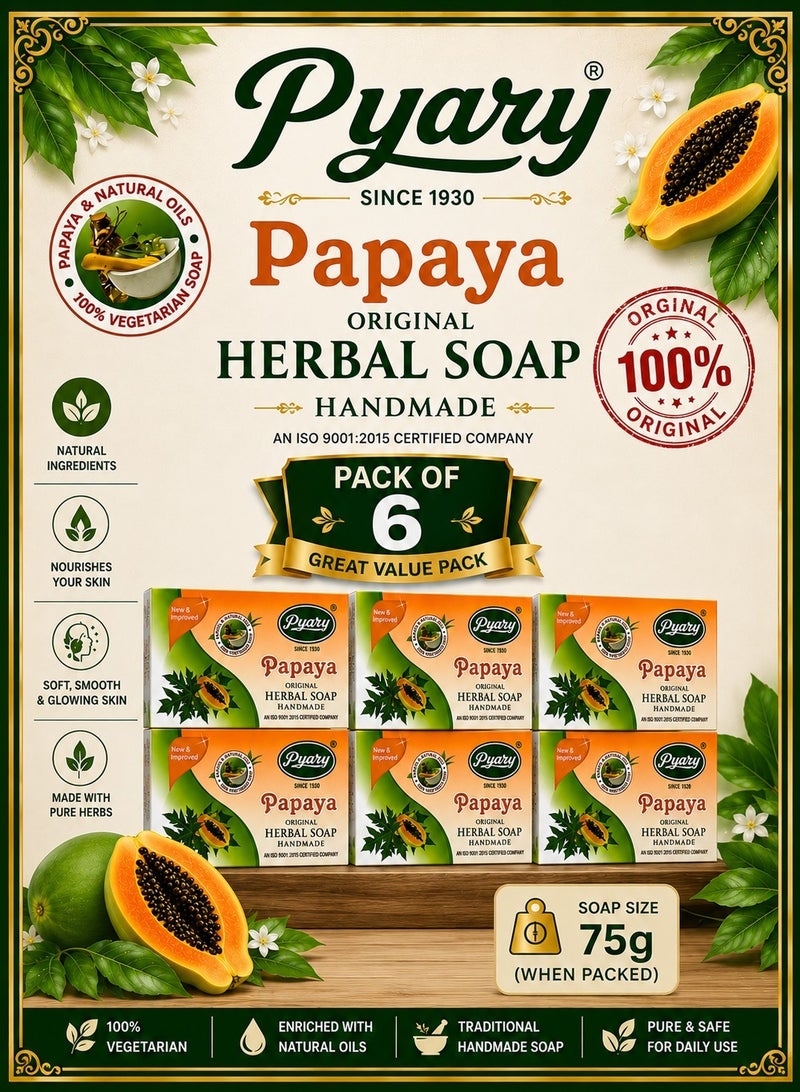 Pyary Pack Of 6 Papaya Original Herbal Soap Handmade - Image 1