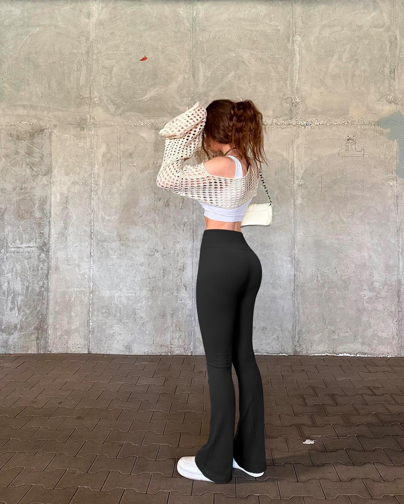 OQQ Women's 2 Piece Yoga Pants Ribbed Seamless Workout High Waist Bell Bottoms Flare Leggings Black Darkbrown - Image 5