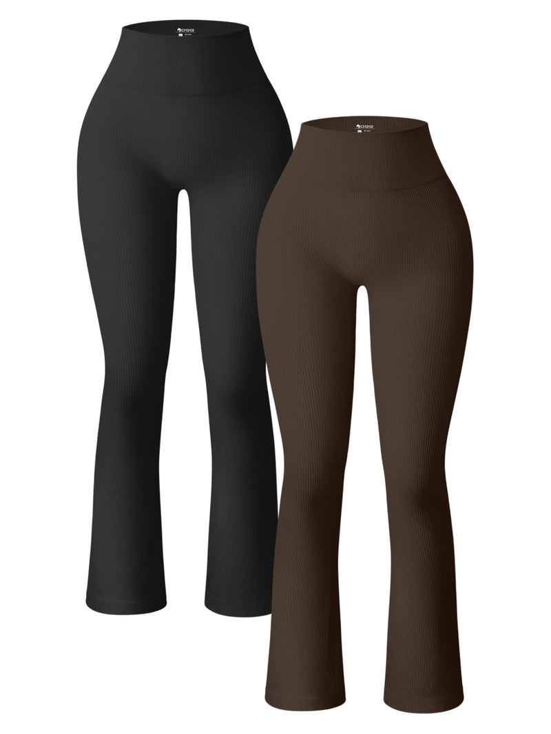 OQQ Women's 2 Piece Yoga Pants Ribbed Seamless Workout High Waist Bell Bottoms Flare Leggings Black Darkbrown - Image 1