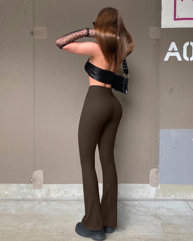 OQQ Women's 2 Piece Yoga Pants Ribbed Seamless Workout High Waist Bell Bottoms Flare Leggings Black Darkbrown - Image 2