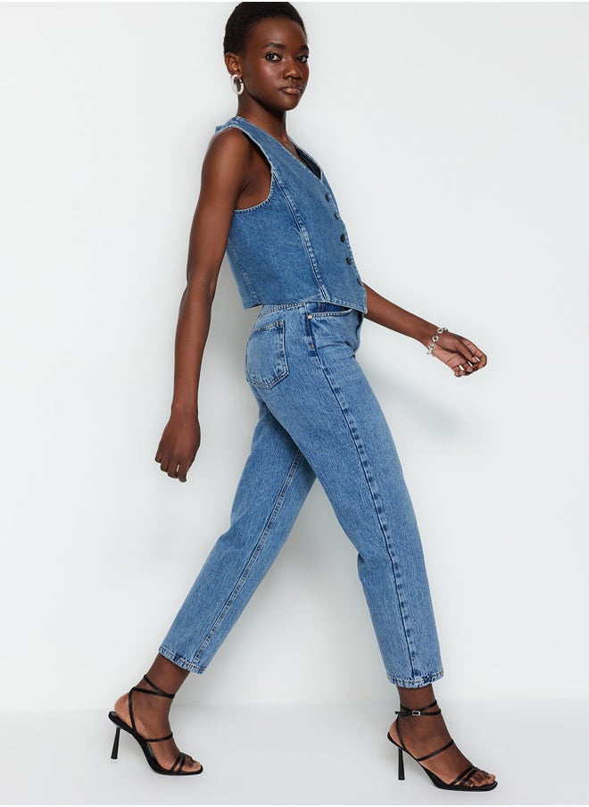 trendyol - Blue High Waist Straight Jeans TWOSS23JE00089 - Image 1