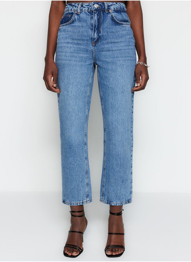 trendyol - Blue High Waist Straight Jeans TWOSS23JE00089 - Image 1