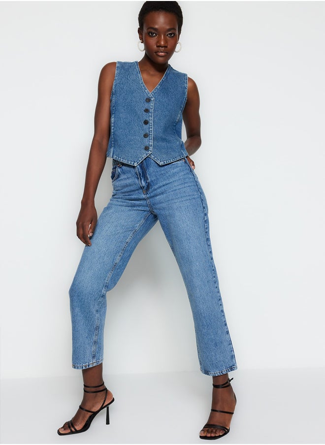 trendyol - Blue High Waist Straight Jeans TWOSS23JE00089 - Image 1