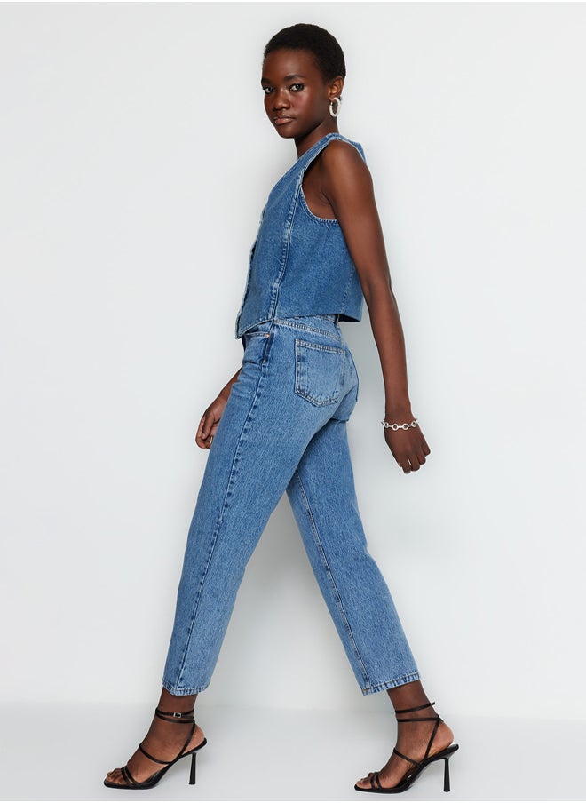 trendyol - Blue High Waist Straight Jeans TWOSS23JE00089 - Image 1