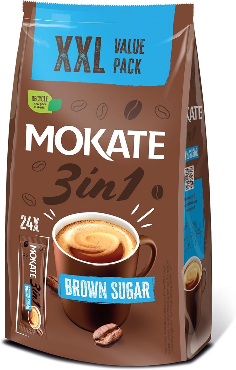 MOKATE موكات 3 في 1 مزيج قهوة فورية مع سكر بني - 24 كيس (17 جرام لكل واحد) - Image 1