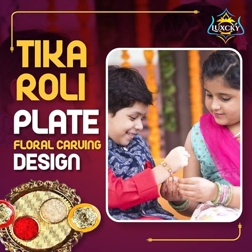 LUXCKY Golden Decorative Designer Roli Chawal/Rice Holder, Kumkum Haldi Holder Rakhi Pooja Thali Indian Festival Diwali Pujan Mandir Tika Roli Plate (Round Shape) - Image 2