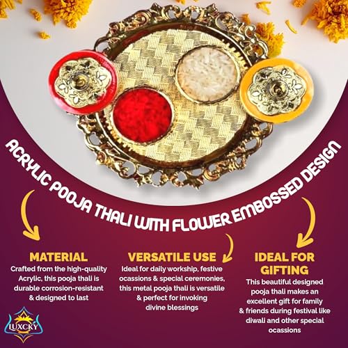 LUXCKY Golden Decorative Designer Roli Chawal/Rice Holder, Kumkum Haldi Holder Rakhi Pooja Thali Indian Festival Diwali Pujan Mandir Tika Roli Plate (Round Shape) - Image 3