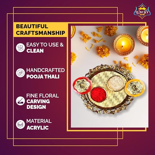 LUXCKY Golden Decorative Designer Roli Chawal/Rice Holder, Kumkum Haldi Holder Rakhi Pooja Thali Indian Festival Diwali Pujan Mandir Tika Roli Plate (Round Shape) - Image 4