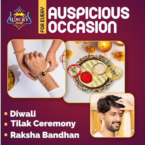 LUXCKY Golden Decorative Designer Roli Chawal/Rice Holder, Kumkum Haldi Holder Rakhi Pooja Thali Indian Festival Diwali Pujan Mandir Tika Roli Plate (Round Shape) - Image 5