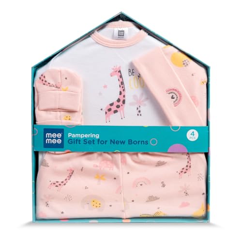 Mee Mee New Born Baby Gift Set | Soft Cotton Clothing Essentials for Infants/Baby Girls, Boys | Baby Shower Clothing Hamper (4 Pieces, Pink)| Ideal Gift for New Born Baby - Image 1