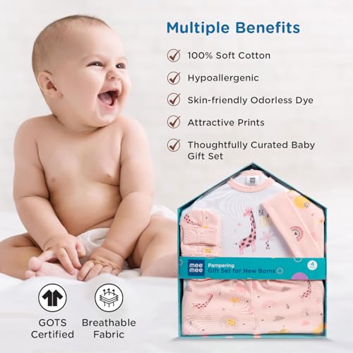 Mee Mee New Born Baby Gift Set | Soft Cotton Clothing Essentials for Infants/Baby Girls, Boys | Baby Shower Clothing Hamper (4 Pieces, Pink)| Ideal Gift for New Born Baby - Image 5
