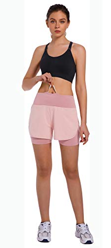 Ksmien Women's 2 in 1 Running Shorts - Lightweight Athletic Workout Gym Yoga Shorts Liner with Phone Pockets Pink - Image 3