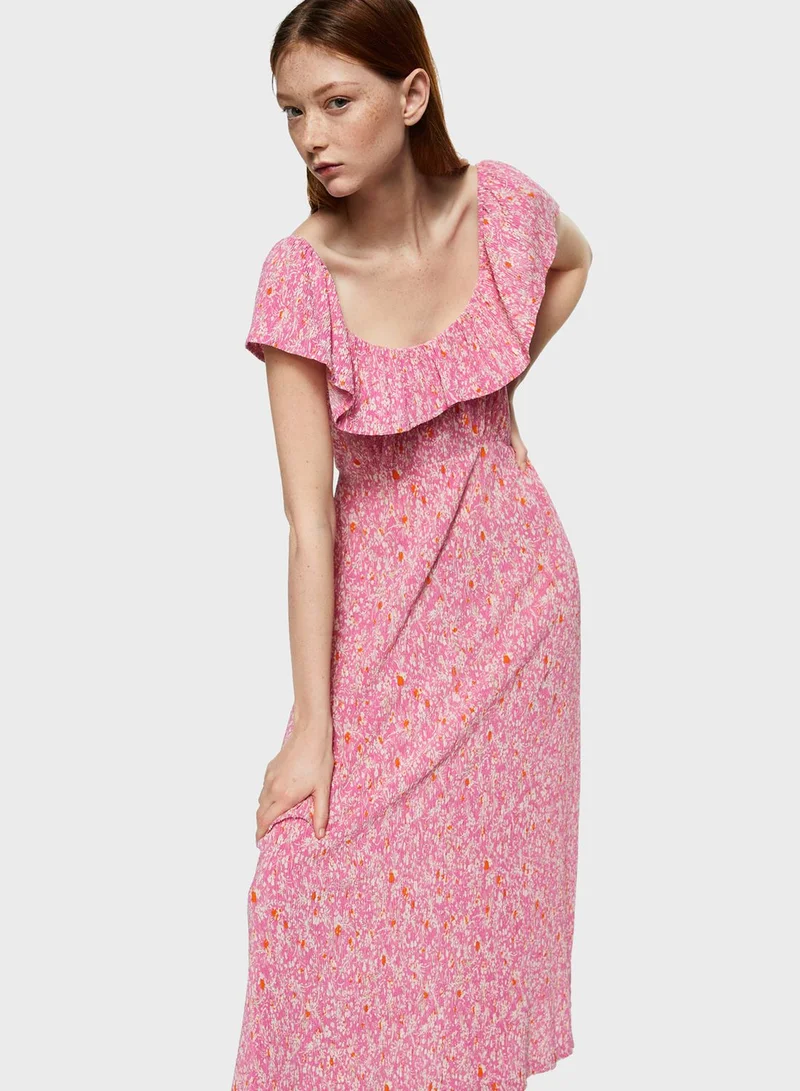 MANGO Floral Print Ruffle Detail Dress