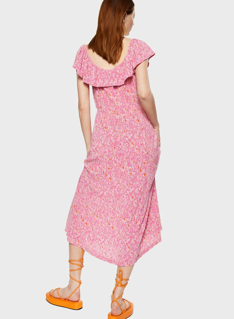 MANGO Floral Print Ruffle Detail Dress