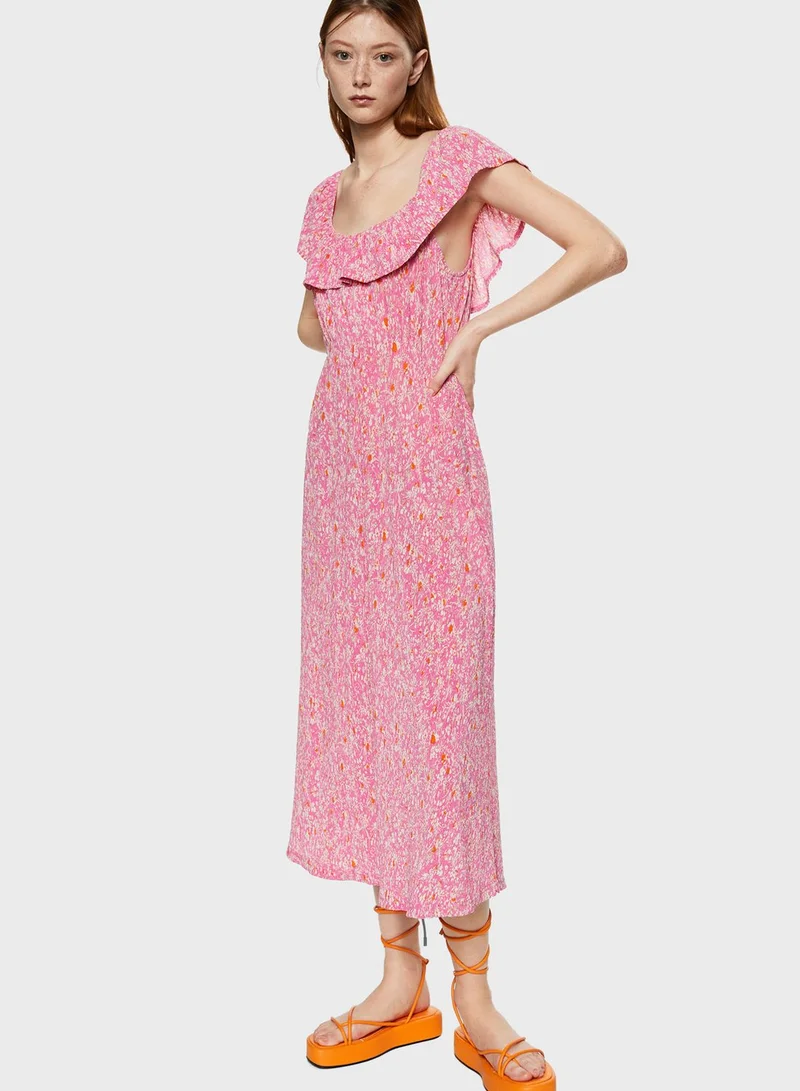 MANGO Floral Print Ruffle Detail Dress