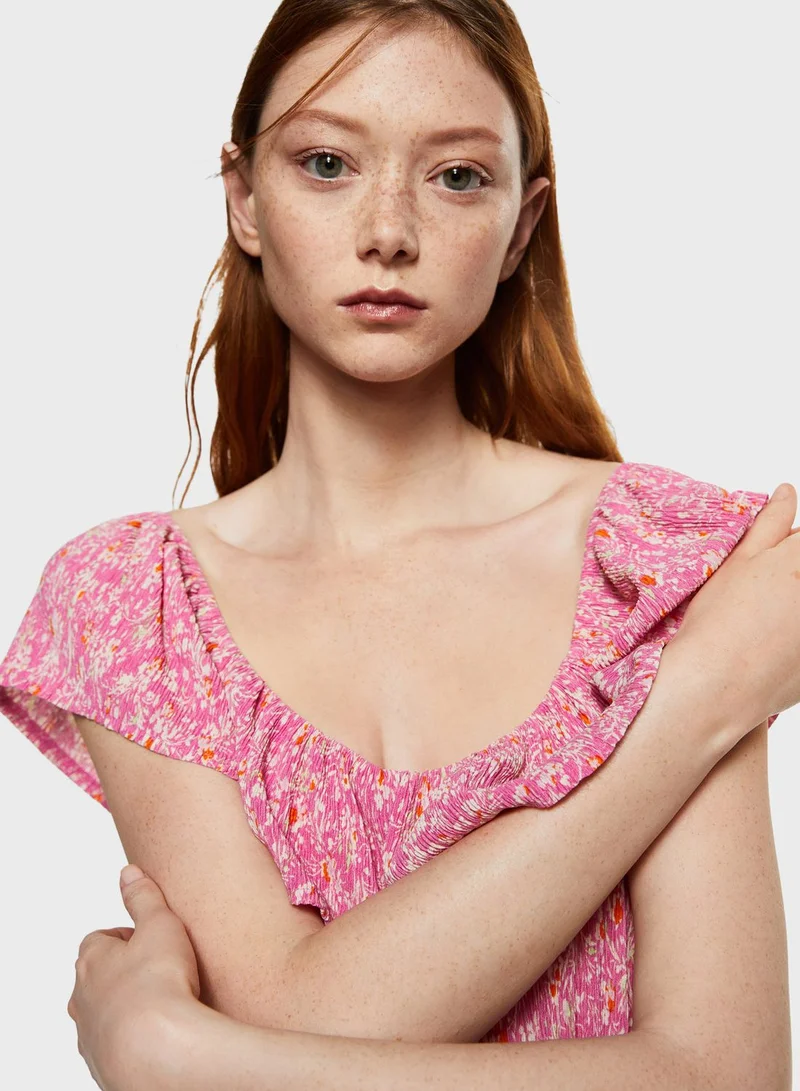 MANGO Floral Print Ruffle Detail Dress