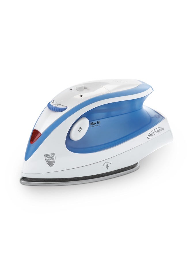 Sunbeam Hot 2 Trot Travel Steam Iron 800 Watt Dual Voltage 120 240 Compact Size Portable Non Stick Soleplate Soft Touch Handle Horizontal Or Vertical Use White And Blue - Image 1