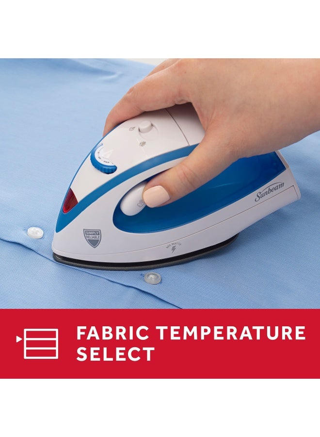 Sunbeam Hot 2 Trot Travel Steam Iron 800 Watt Dual Voltage 120 240 Compact Size Portable Non Stick Soleplate Soft Touch Handle Horizontal Or Vertical Use White And Blue - Image 4