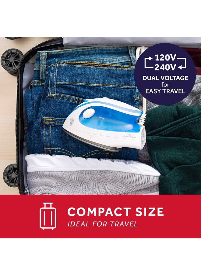 Sunbeam Hot 2 Trot Travel Steam Iron 800 Watt Dual Voltage 120 240 Compact Size Portable Non Stick Soleplate Soft Touch Handle Horizontal Or Vertical Use White And Blue - Image 2
