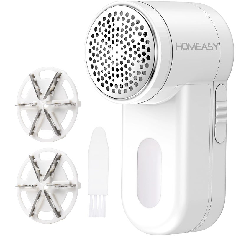 مزيل الوبر HOMEASY المحمول لإزالة الوبر من الملابس، مزيل الوبر القابل للتعديل بسرعة 2 مع 3 شفرات مرفقة باللون الأبيض