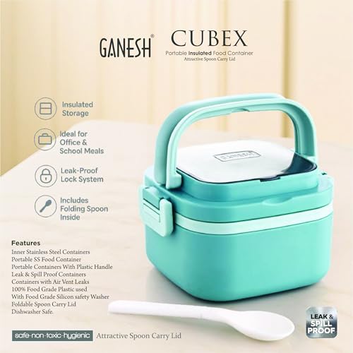 Ganesh 1 Compartment Cubex Insulated Food Container with Attractive Spoon - Airtight Leak-Proof Lunch Box for Office, School, Picnic 380ml - Peach - Image 4