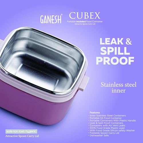 Ganesh 1 Compartment Cubex Insulated Food Container with Attractive Spoon - Airtight Leak-Proof Lunch Box for Office, School, Picnic 380ml - Peach - Image 5