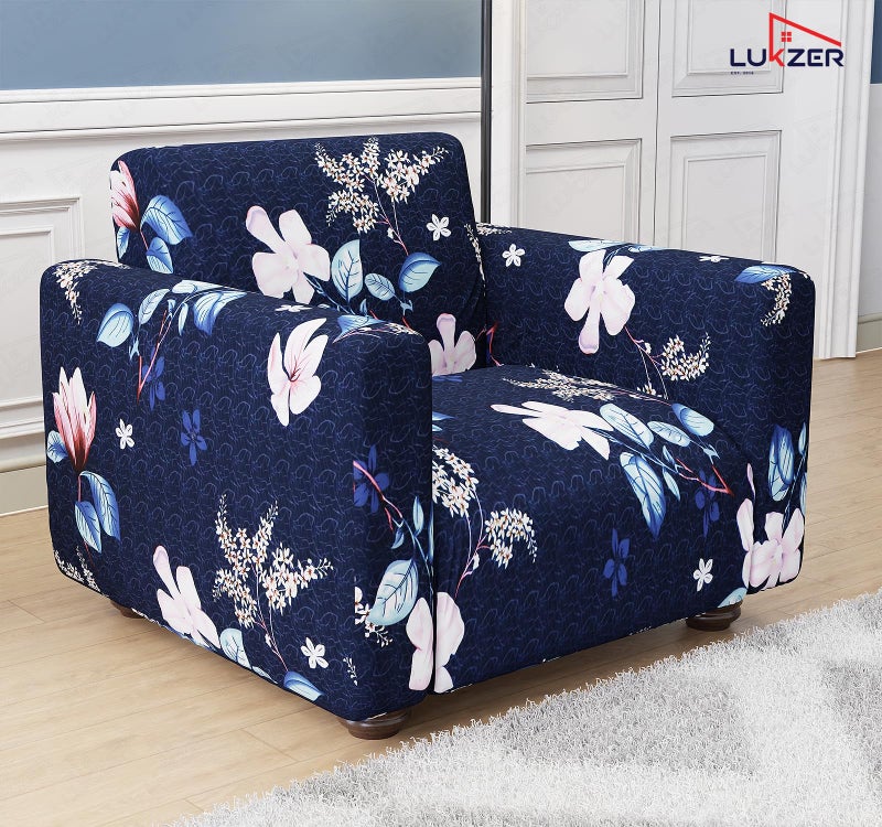 Lukzer 1 Seater Navy Blue Flower Universal Sofa Cover | 360° Fully Covered Anti-Slip Washable Couch Cover Protector | 140 GSM Stretch Fit Polyester + Spandex Slipcover (90-140cm/SC-012-01) - Image 4