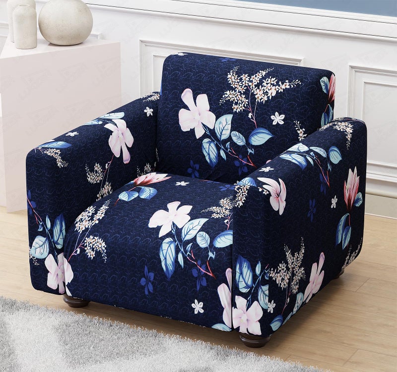Lukzer 1 Seater Navy Blue Flower Universal Sofa Cover | 360° Fully Covered Anti-Slip Washable Couch Cover Protector | 140 GSM Stretch Fit Polyester + Spandex Slipcover (90-140cm/SC-012-01) - Image 1