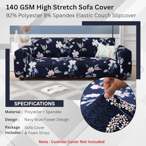 Lukzer 1 Seater Navy Blue Flower Universal Sofa Cover | 360° Fully Covered Anti-Slip Washable Couch Cover Protector | 140 GSM Stretch Fit Polyester + Spandex Slipcover (90-140cm/SC-012-01) - Image 5