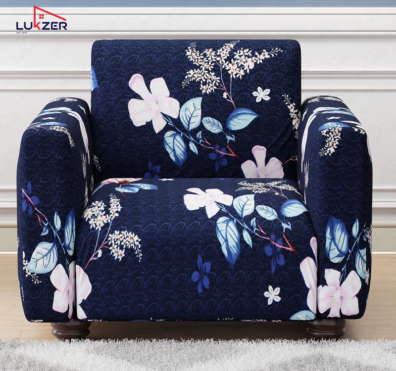 Lukzer 1 Seater Navy Blue Flower Universal Sofa Cover | 360° Fully Covered Anti-Slip Washable Couch Cover Protector | 140 GSM Stretch Fit Polyester + Spandex Slipcover (90-140cm/SC-012-01) - Image 3
