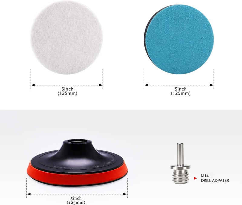 ZFE 5Inch Glass polishing Pads, 10Pcs Wool Felt Disc Glass Polishing Kit Buffing Pads Sanding Discs with Backing Pad and M14 Drill Adapter for Rotary Tools Polish Glass and Metal - Image 2