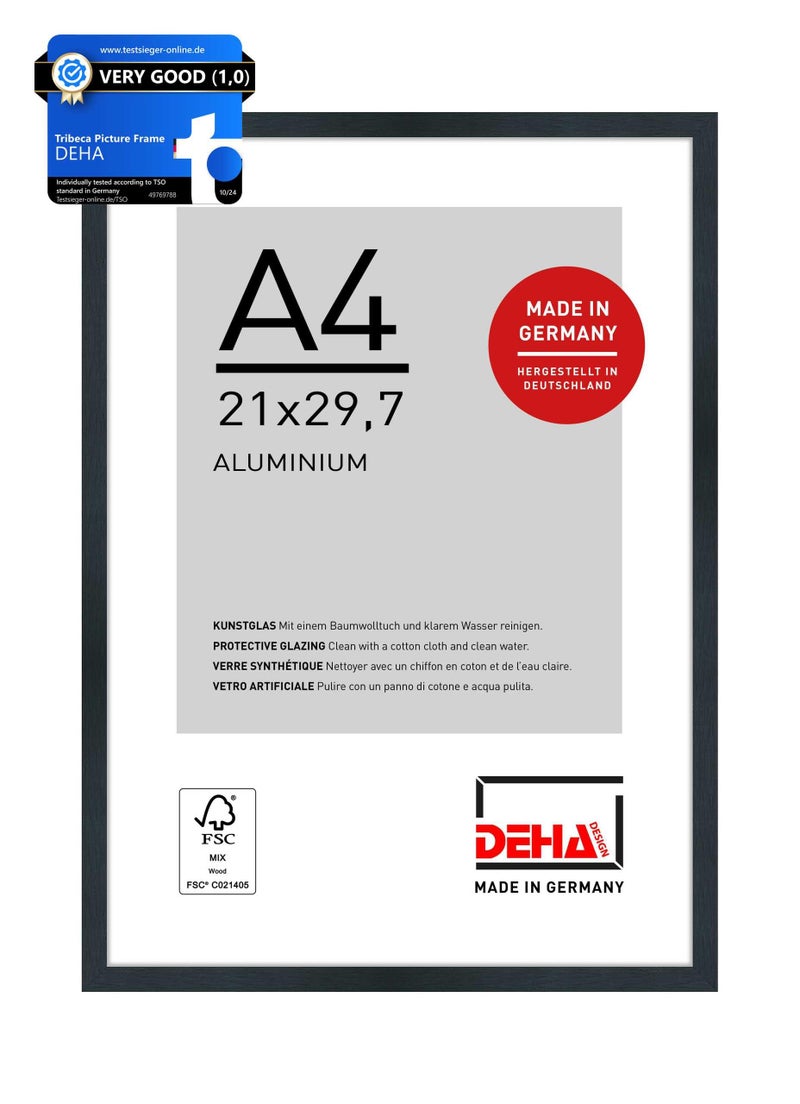 DEHA Design Tribeca Aluminium Picture Frame Brushed Black A4 21x297cm with Push and Turn Clips