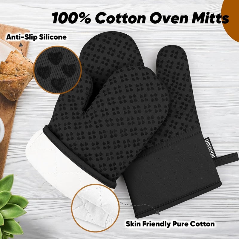 Qevooon Oven Mitts and Pot Holders 4 Sets, Heat Resistant 500 ℉ Oven Mitt and Pot Holder,Oven Glove&Potholders with Non-Slip Silicone Surface,Kitchen Essentials for Cooking/Baking/BBQ-Black - Image 3