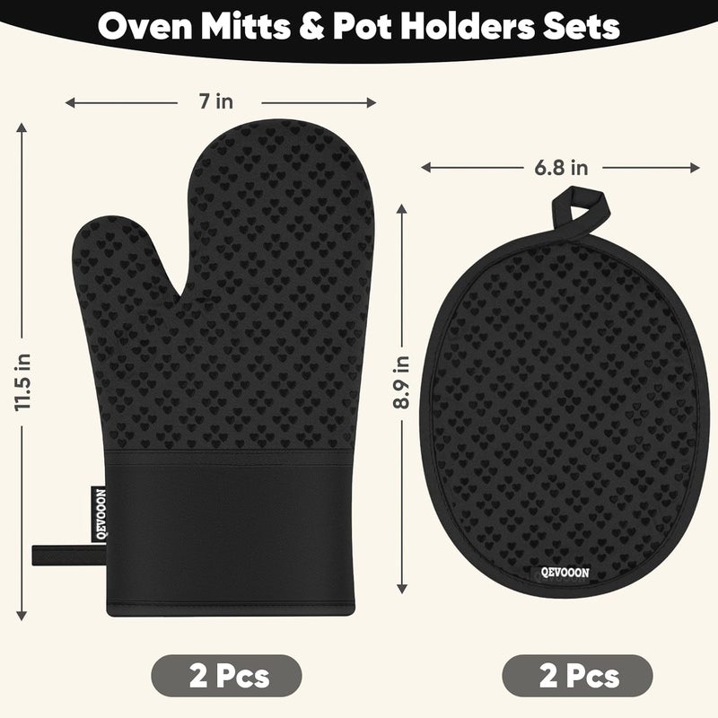 Qevooon Oven Mitts and Pot Holders 4 Sets, Heat Resistant 500 ℉ Oven Mitt and Pot Holder,Oven Glove&Potholders with Non-Slip Silicone Surface,Kitchen Essentials for Cooking/Baking/BBQ-Black - Image 2