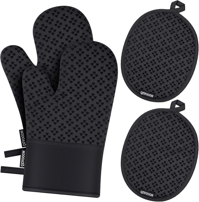 Qevooon Oven Mitts and Pot Holders 4 Sets, Heat Resistant 500 ℉ Oven Mitt and Pot Holder,Oven Glove&Potholders with Non-Slip Silicone Surface,Kitchen Essentials for Cooking/Baking/BBQ-Black - Image 1