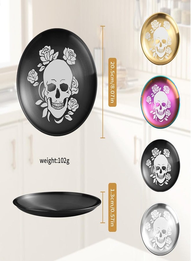 XIAOYU 4 Pack Halloween Skeleton Stainless Steel Dinner Plates, Skull Gothic Round Metal Plates, Unique Skull/Flower Pattern Design, Metal Dinner Dishes For Dinner, Party, Camping, Dishwasher Safe - Image 3