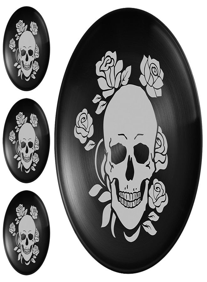 XIAOYU 4 Pack Halloween Skeleton Stainless Steel Dinner Plates, Skull Gothic Round Metal Plates, Unique Skull/Flower Pattern Design, Metal Dinner Dishes For Dinner, Party, Camping, Dishwasher Safe - Image 1