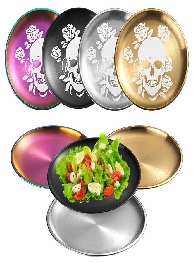 XIAOYU 4 Pack Halloween Skeleton Stainless Steel Dinner Plates, Skull Gothic Round Metal Plates, Unique Skull/Flower Pattern Design, Metal Dinner Dishes For Dinner, Party, Camping, Dishwasher Safe - Image 2