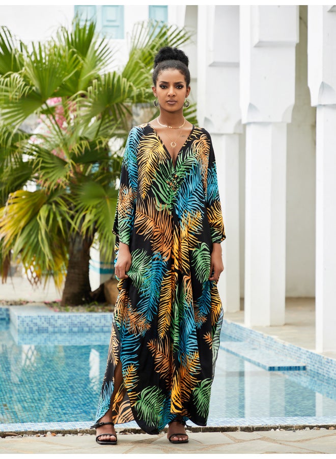 2023 Cotton Vacation Dress Beach Blouse Loose Large Size Robe Bikini Outer Sun Protection Shirt-Color:Black Leaves (ZS2137-1)-  - Image 1