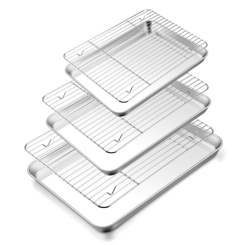 TeamFar Baking Sheet with Rack Set (3 Pans + 3 Racks), 16/12.5/10.5 Inch Stainless Steel Cookie Sheets Baking Pans Trays and Cooling Racks for Cooking Roasting, Non-Toxic & Heavy Duty, Dishwasher Safe - Image 1