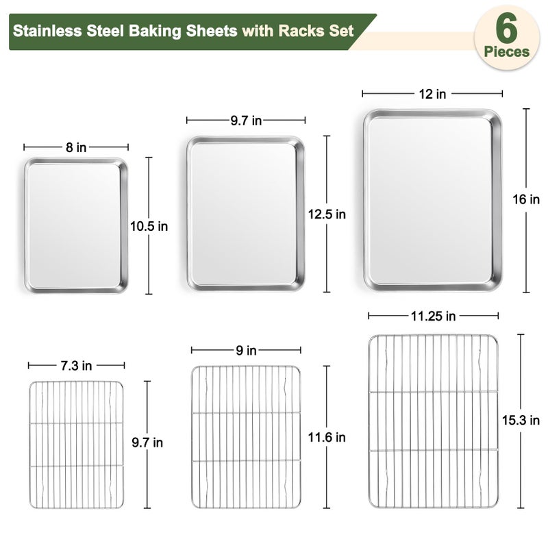 TeamFar Baking Sheet with Rack Set (3 Pans + 3 Racks), 16/12.5/10.5 Inch Stainless Steel Cookie Sheets Baking Pans Trays and Cooling Racks for Cooking Roasting, Non-Toxic & Heavy Duty, Dishwasher Safe - Image 2