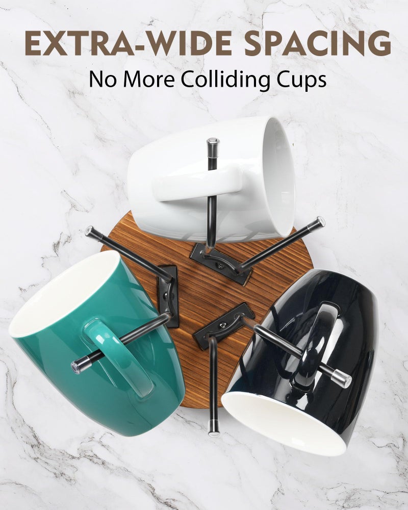 HULISEN 360Â° Rotating Mug Tree for Large Cups, Counter Coffee Mug Holder with 6 Hooks, Metal Coffee Cup Rack Stand for Countertop with Stable Wooden Base, Kitchen Counter Decor - Image 5
